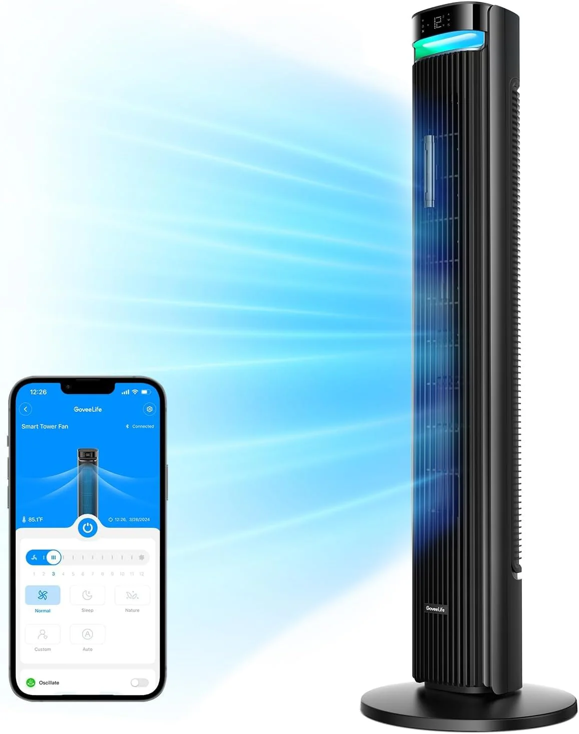GoveeLife 42'' Tower Fan for Bedroom, Smart Floor Fans with 150掳 Adjustable Oscillating, APP & Voice Control, 5 Modes 12 Speeds up to 26ft/s, 24H Timer, 27dB Quiet Fan for Cooling Home Office Black