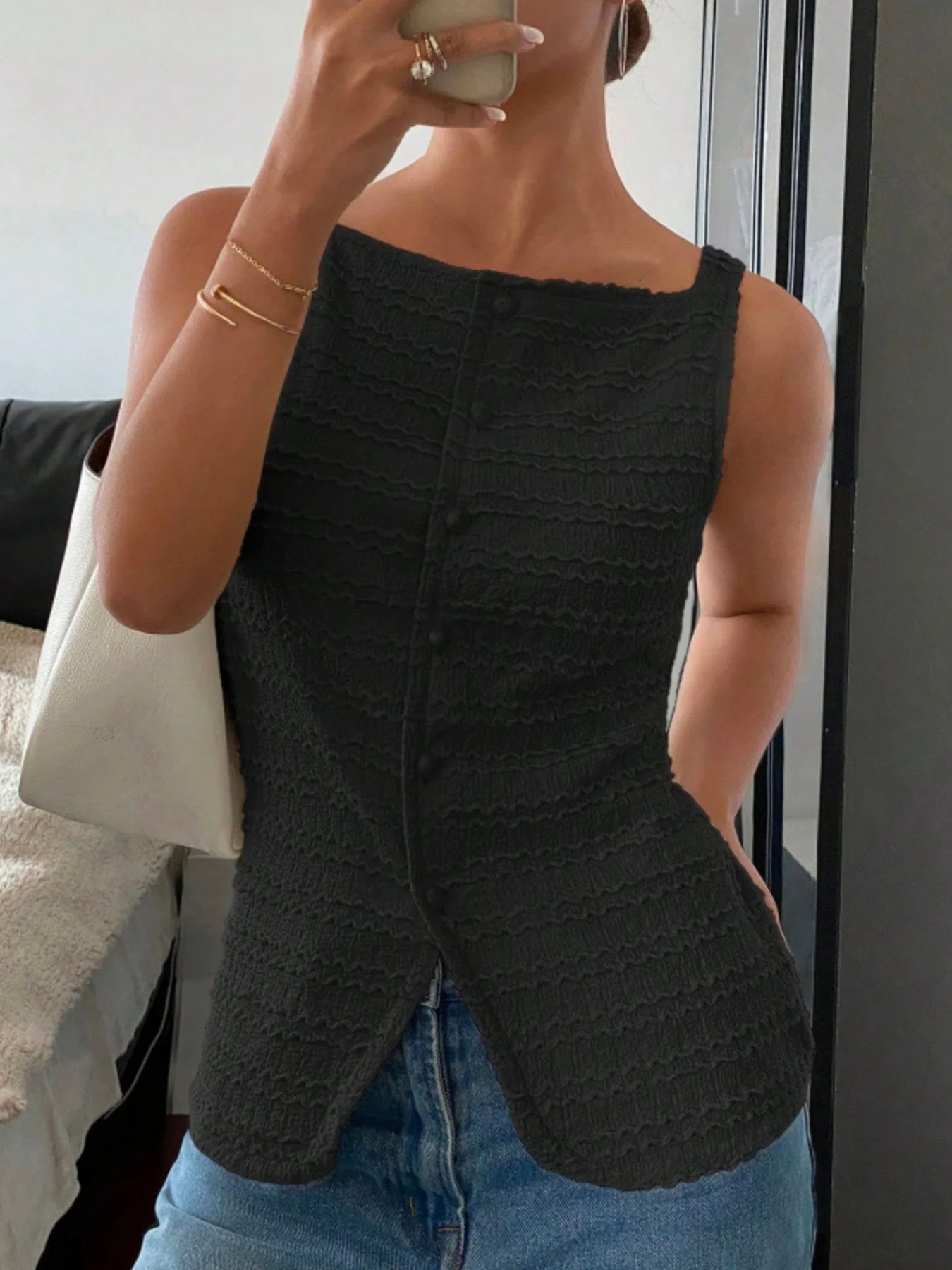 Textured Button-Front Tank