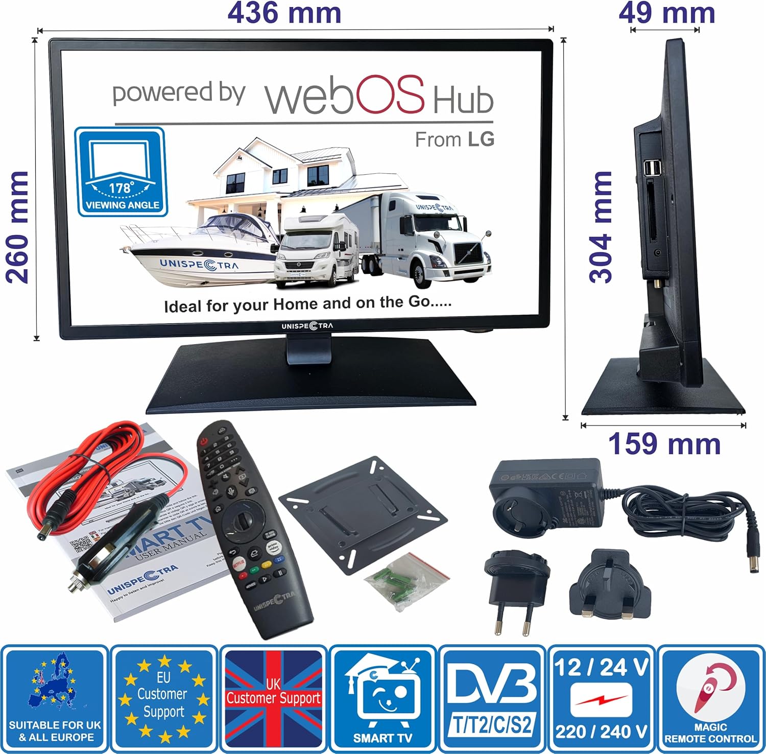 Unispectra  19” Smart TV (webOS) avec Télécommande Magique 12v HDR 230v 24v TV TNT et Tuner Sat 3xHDMI 2xUSB. Téléviseurs 12V pour Camping-Cars, caravanes, fourgonnettes, Bateaux