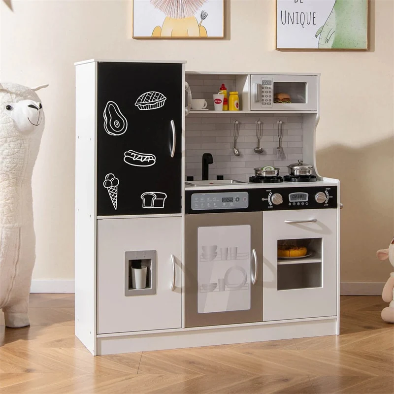 Large Wooden Kids Kitchen Playset, Little Chef Pretend Toy Kitchen Set w/Chalkboard, Microwave, Real Sounds & Lights for Toddlers Age 3+