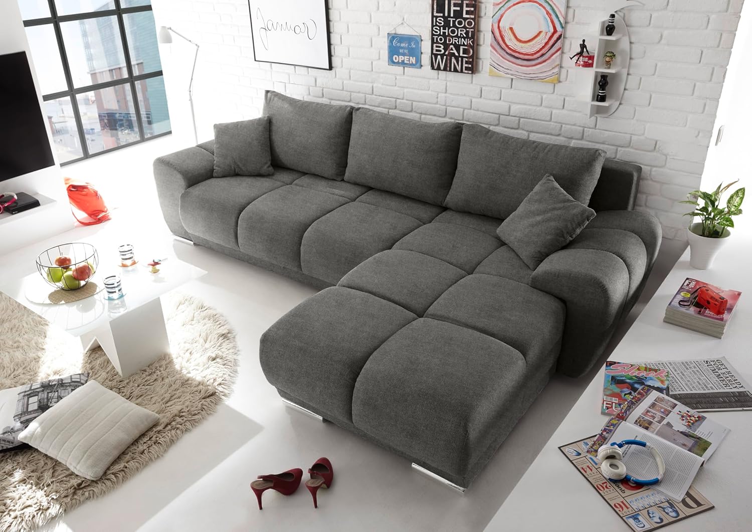 Stella Trading ANTON Ecksofa mit Schlaffunktion, Stoffbezug Uran Stone - Moderne Eckcouch in L-Form mit Bettkasten & dekorativer Steppung - 289 x 85 x 189 cm (B/H/T)
