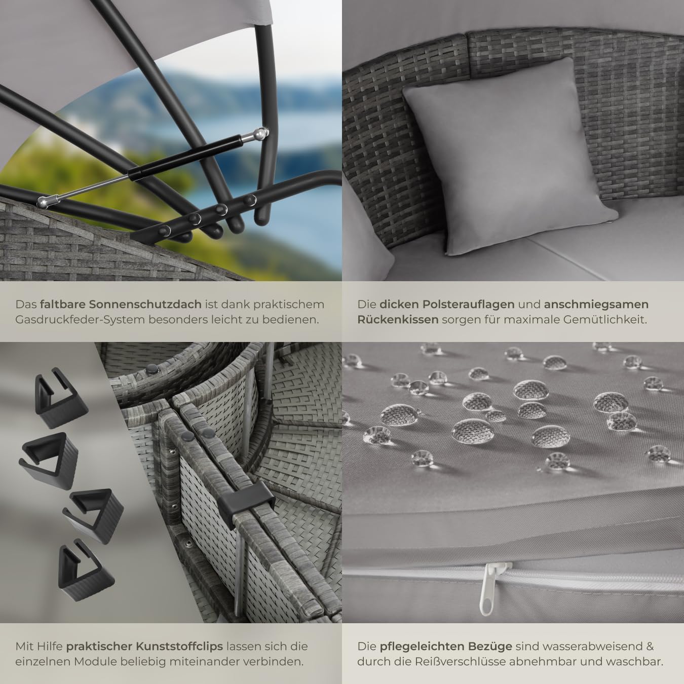 tectake® Lounge Muschel Sonneninsel Outdoor wetterfest, Gartenmuschel, Sonnenliege 2 Personen und mehr, multifunktionales Terrasse oder Balkon Möbel, Gartenliege wetterfest - grau