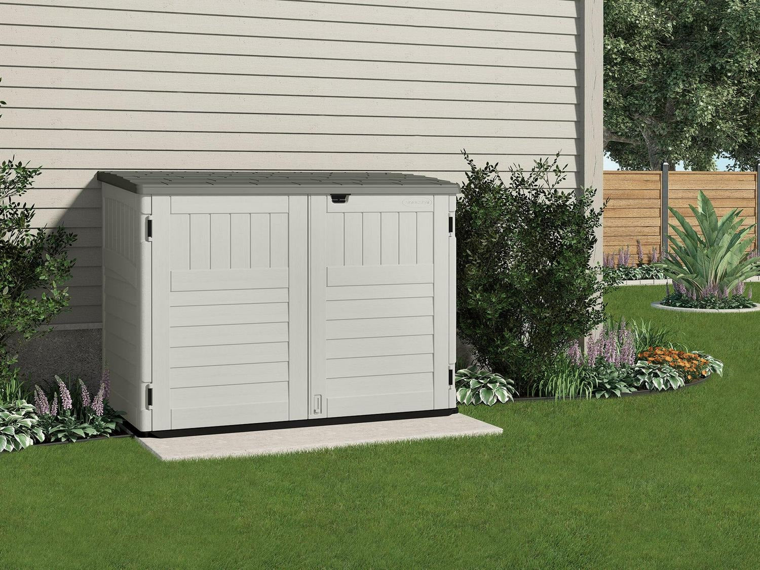 Suncast BMS4700 Resin Storage Shed, Off-White/Gray, 70.5���W x 44.25���D x 52���H, Double Door, UV Resistant