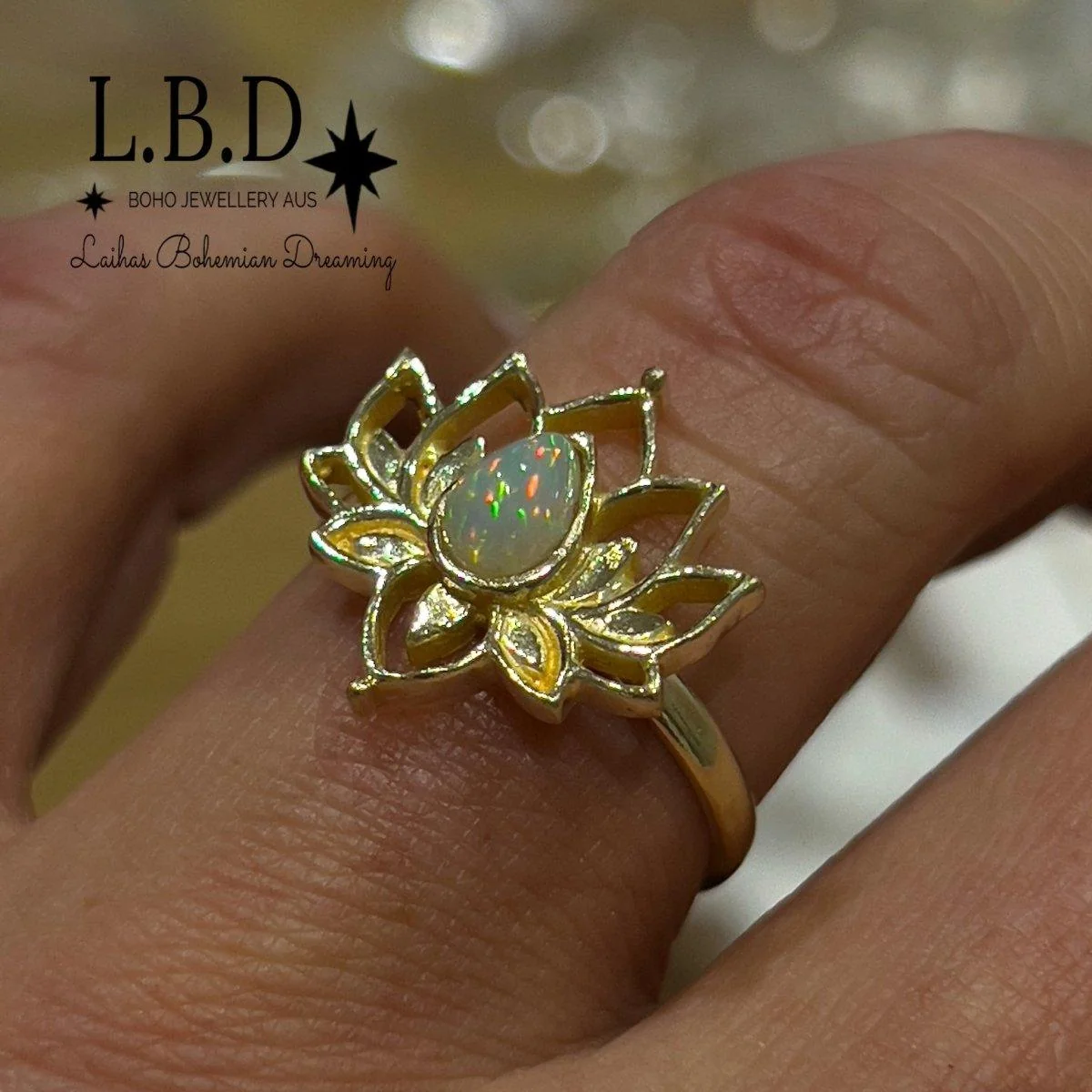 Laihas Opulent Lotus Flower Gold Opal Ring-