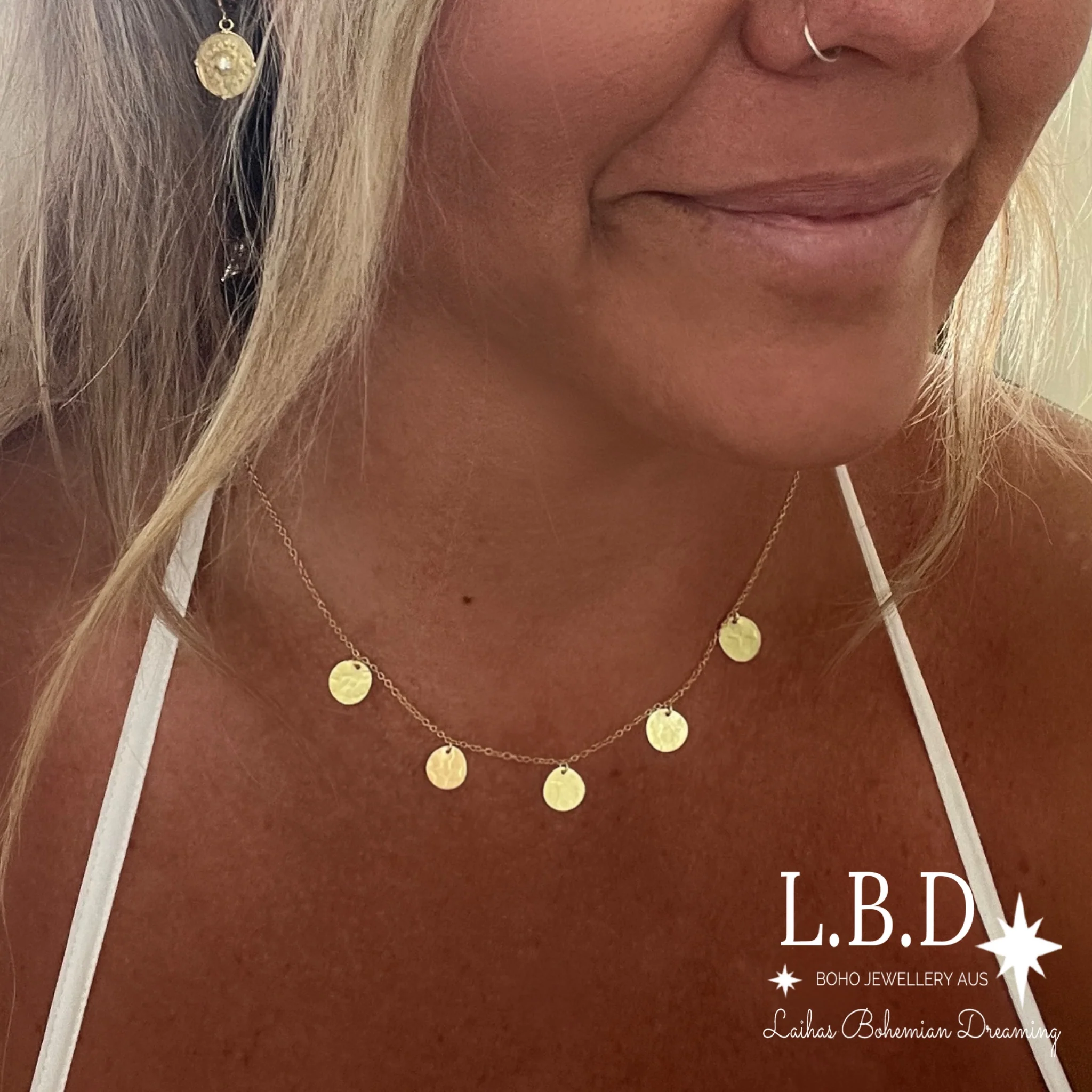 Laihas Round Hammered Disk Gold Necklace