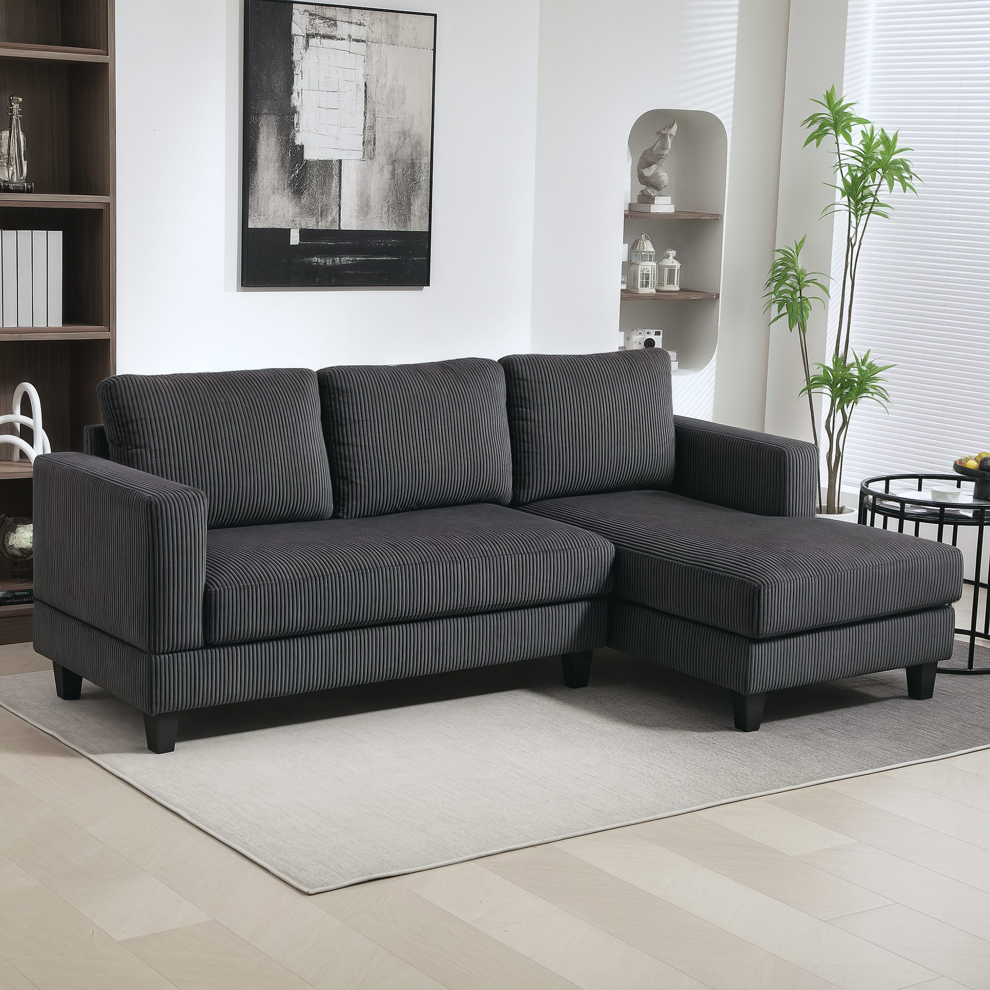 HOMCOM Hoekbank, L-vormige 3-zitsbank met Chaise Longue, Houtconstructie, 8 Poten, Corduroy Stof, Schuimstofbekleding, Grijs