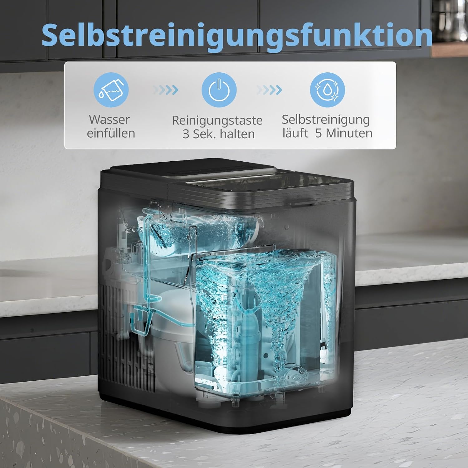 Comfee' RCI12BL1EU(E) Eiswürfelmaschine, 8 Eiswürfel in 6 Min.,12 kg/24 Std.,1,3L Wassertank, Selbstreinigungsfunktion, Kompakter Bullet Ice Maker, inkl.Eisschaufel & Korb für Zuhause– Schwarz