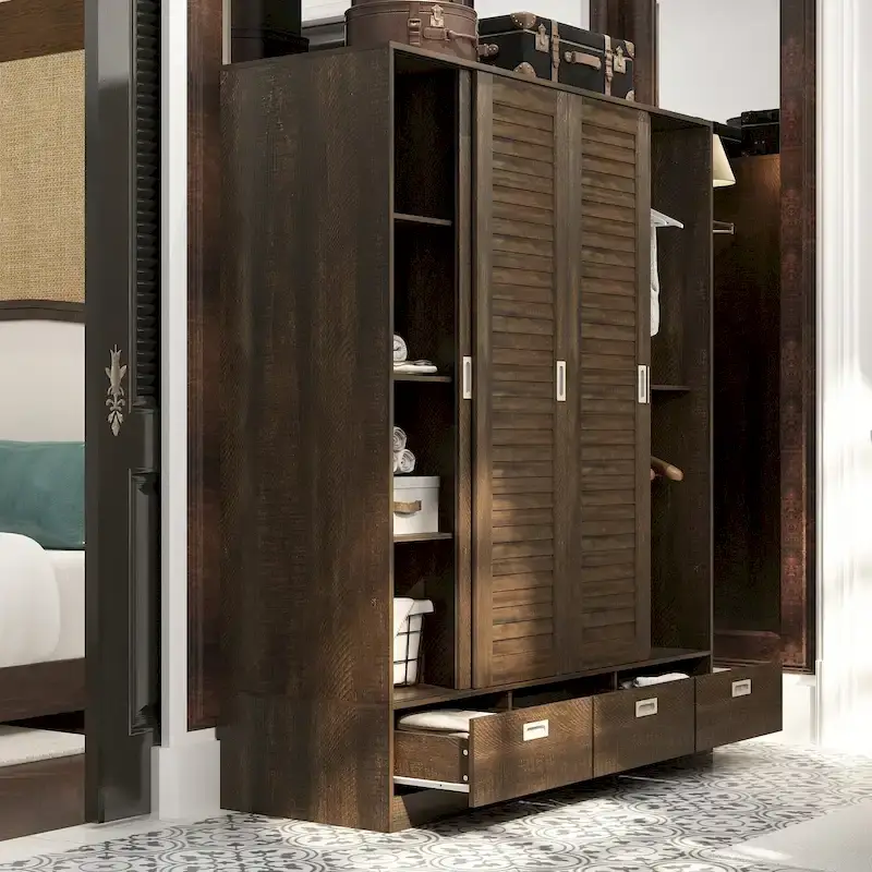 Closet Cabinet Wardrobe Armoire with Drawers, Hanging Rod Brown