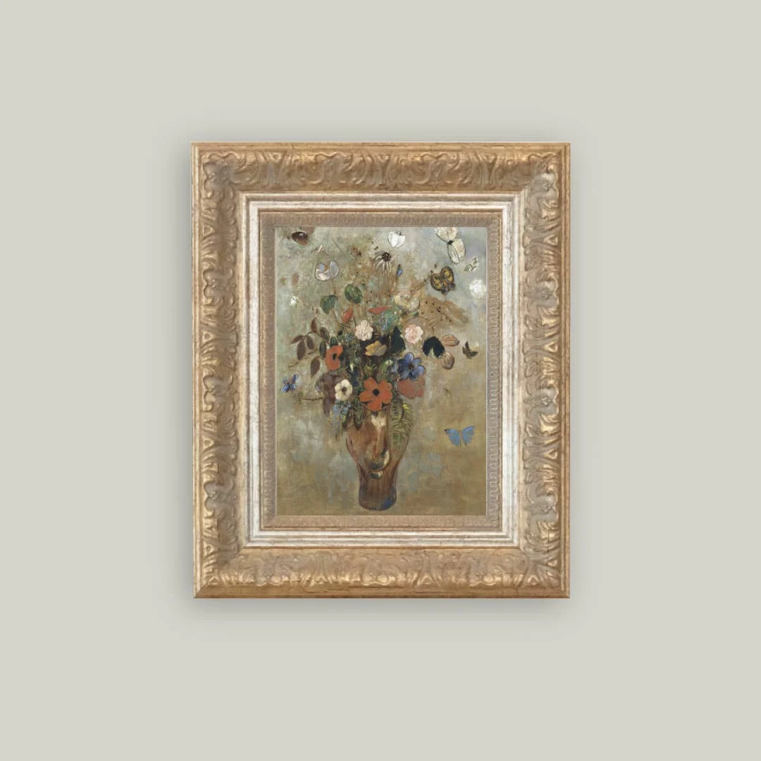 Flower Butterfly Vase Framed Antique Inspired Art