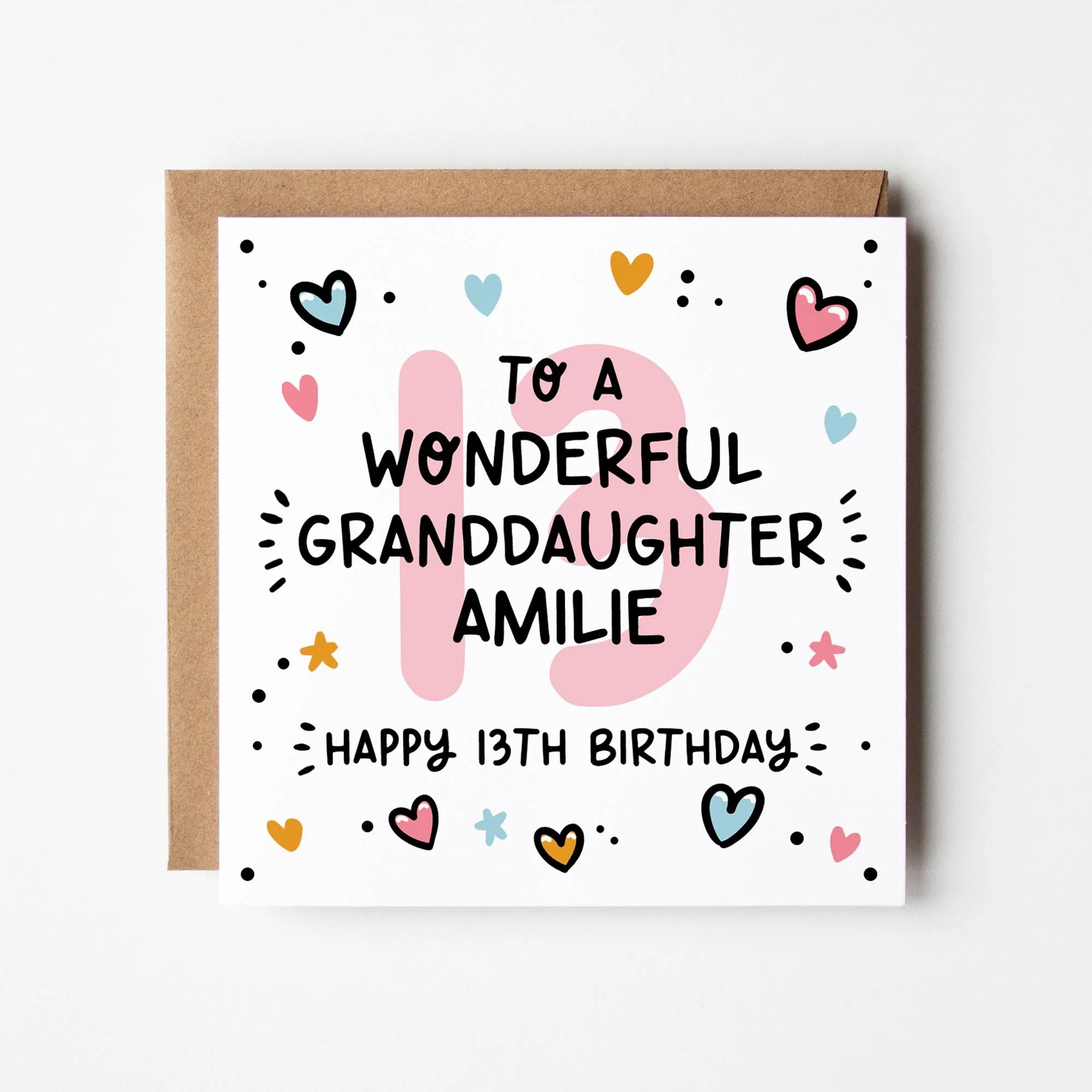 13th Birthday Card for Granddaughter; Personalised with Kraft envelope