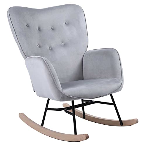 BAKAJI Poltrona Sedia a Dondolo Relax Slitta Rivestimento in Tessuto Struttura Legno Imbottita Piedi in Metallo Base Dondonlante Legno Dimensione 90 x 70 x 95 cm Design Moderno Scandinavo (Grigio) : Casa e cucina