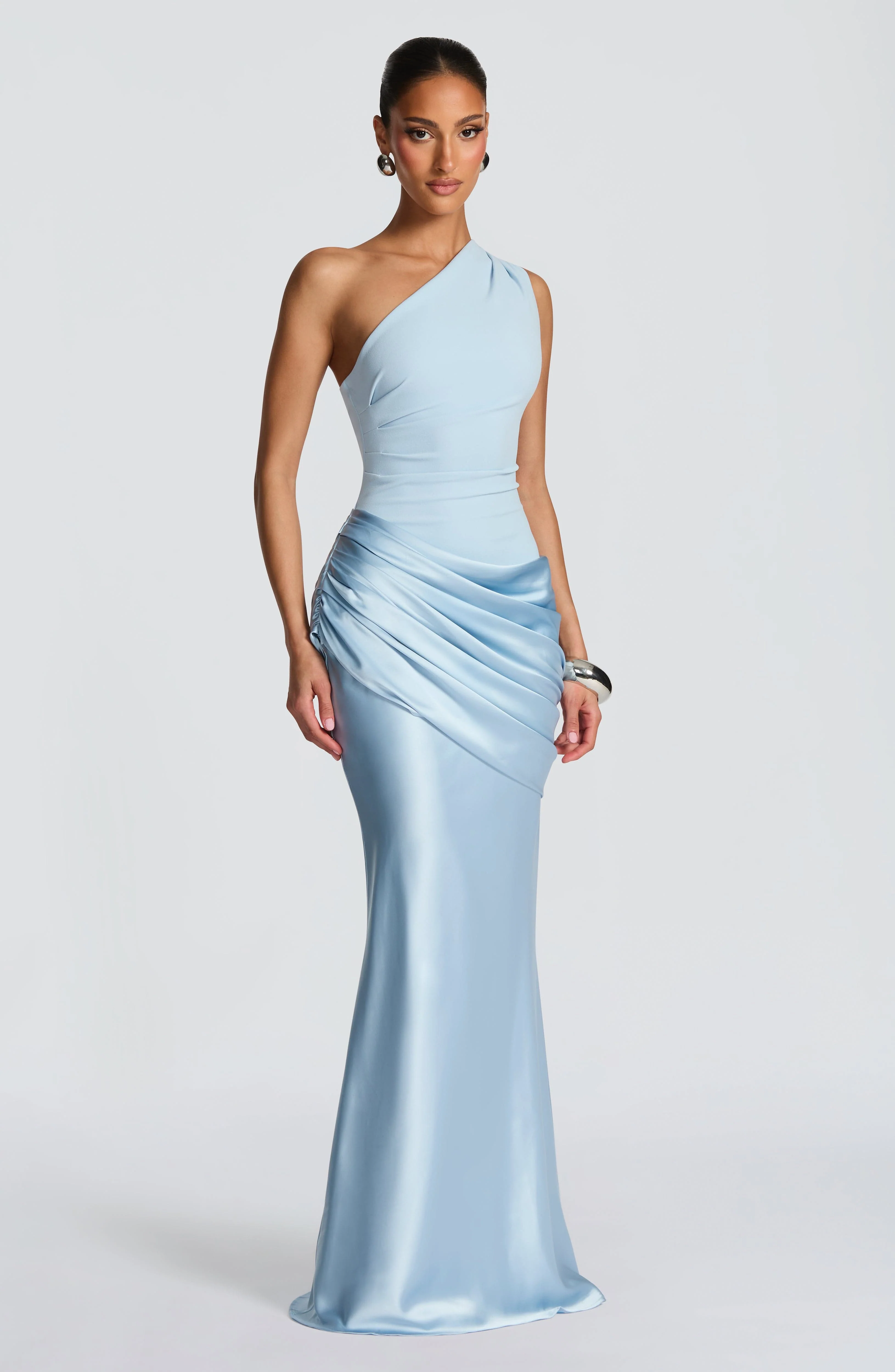 Women��s One Shoulder Satin Maxi Dress Elegant Ruched Design