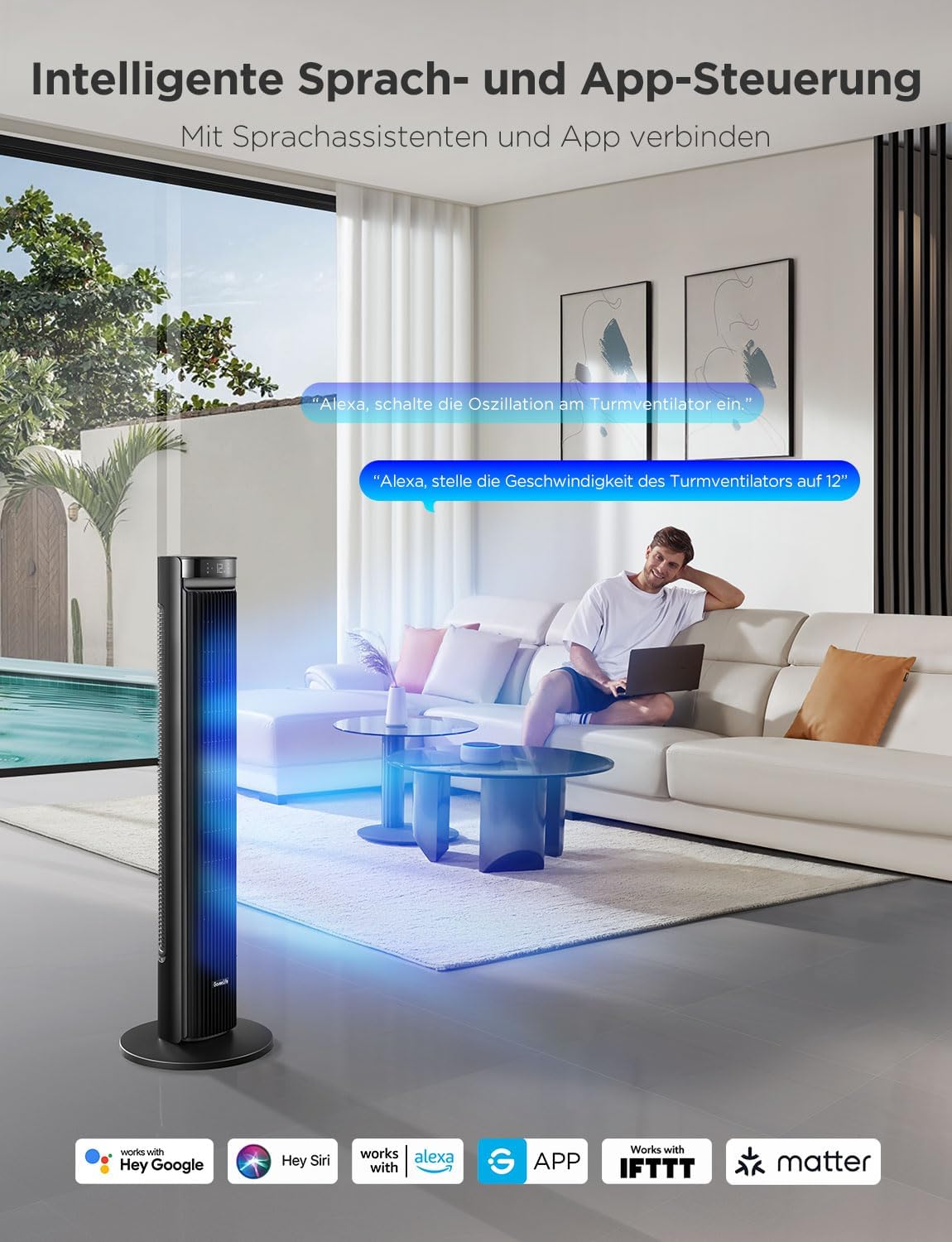 GoveeLife leiser Ventilator, 12 Geschwindigkeiten bis zu 8 m/s, 5 Modi, 24-Stunden-Timer, intelligenter Turmventilator mit 150°-Oszillation, APP- und Sprachsteuerung für Zuhause, schwarz