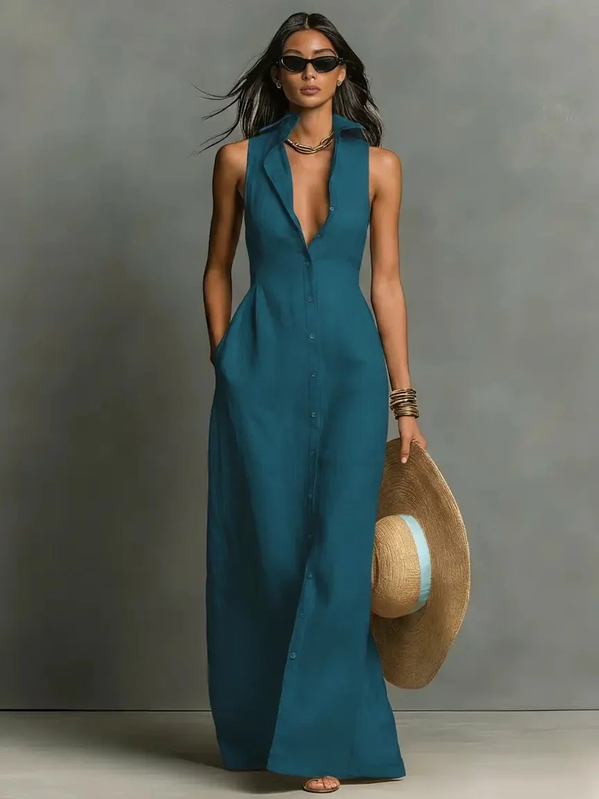 Women��s Sleeveless Maxi Dress Collared Button-Front Linen Design