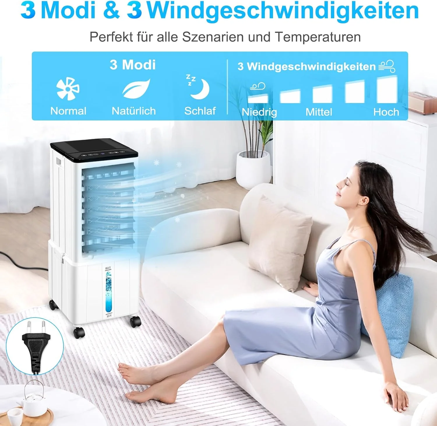 Condizionatore Portatile Senza Tubo, 12L 60W Raffrescatore Evaporativo con Timer 12H, 3 Modalità, 40dB, Oscillazione 120°, Serbatoio Acqua Rimovibile, Telecomando, Silenzioso Refrigeratore d'Aria per Casa Stanza Ufficio