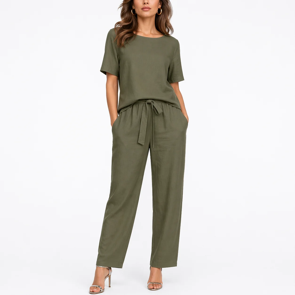 Women��s Two-Piece Set Short-Sleeve Top and Trousers Coordinated Style