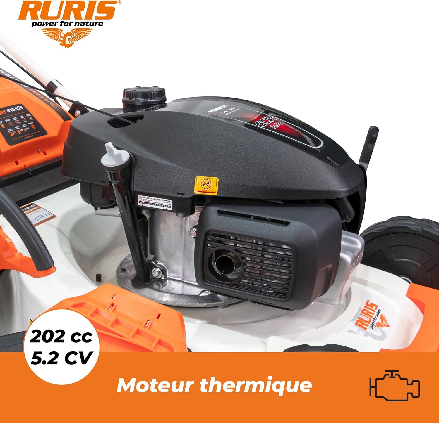 RURIS Power for Nature Tondeuse à Gazon Thermique RX555s Moteur Honda 5,2 CV, 202cc, 530mm, Sac 65l, propulsee Automatique, 5 in 1: Ramassage, Éjection Arrière et Latérale, Mulching, Nettoyage