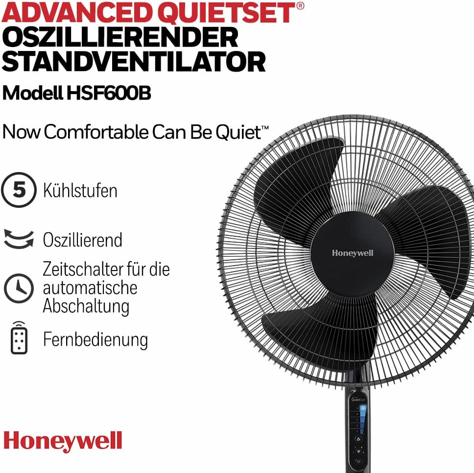 Honeywell Advanced QuietSet Oszillierender Standventilator (5 Geschwindigkeitseinstellungen, Timer-Funktion, Oszillation 70°, Höhenverstellung, Fernbedienung, Einfach zu benutzen) HSF600B