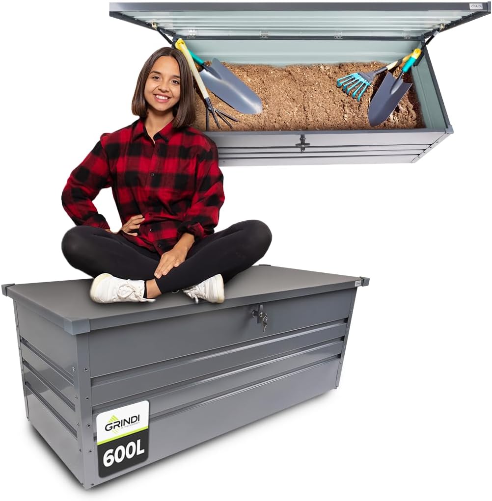 Grindi - Gartenbox Metall - Kissenbox - Auflagenbox - Orto II 600 L - Aufbewahrungsbox mit Deckel - Outdoor Schrank - Paketbox - Sitzbank mit Stauraum - Gartenhaus - Geräteschuppen - Truhe mit Deckel