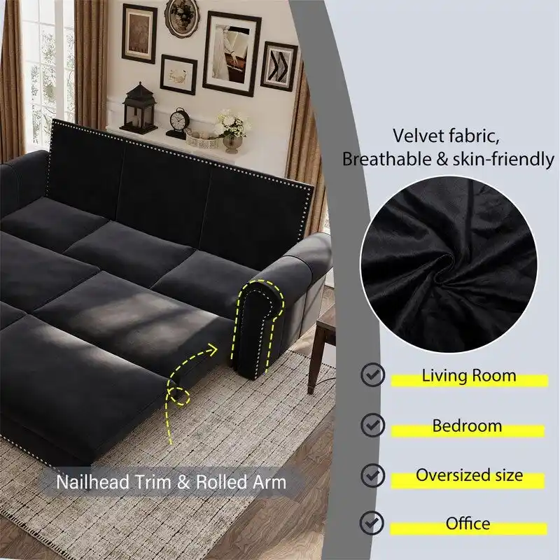 3-in-1 King Pull Out Sofa Bed Chesterfield Sofa, Velvet/Faux Leather Convertible Sleeper Sofa with Nailhead Trim & Rolled Arm