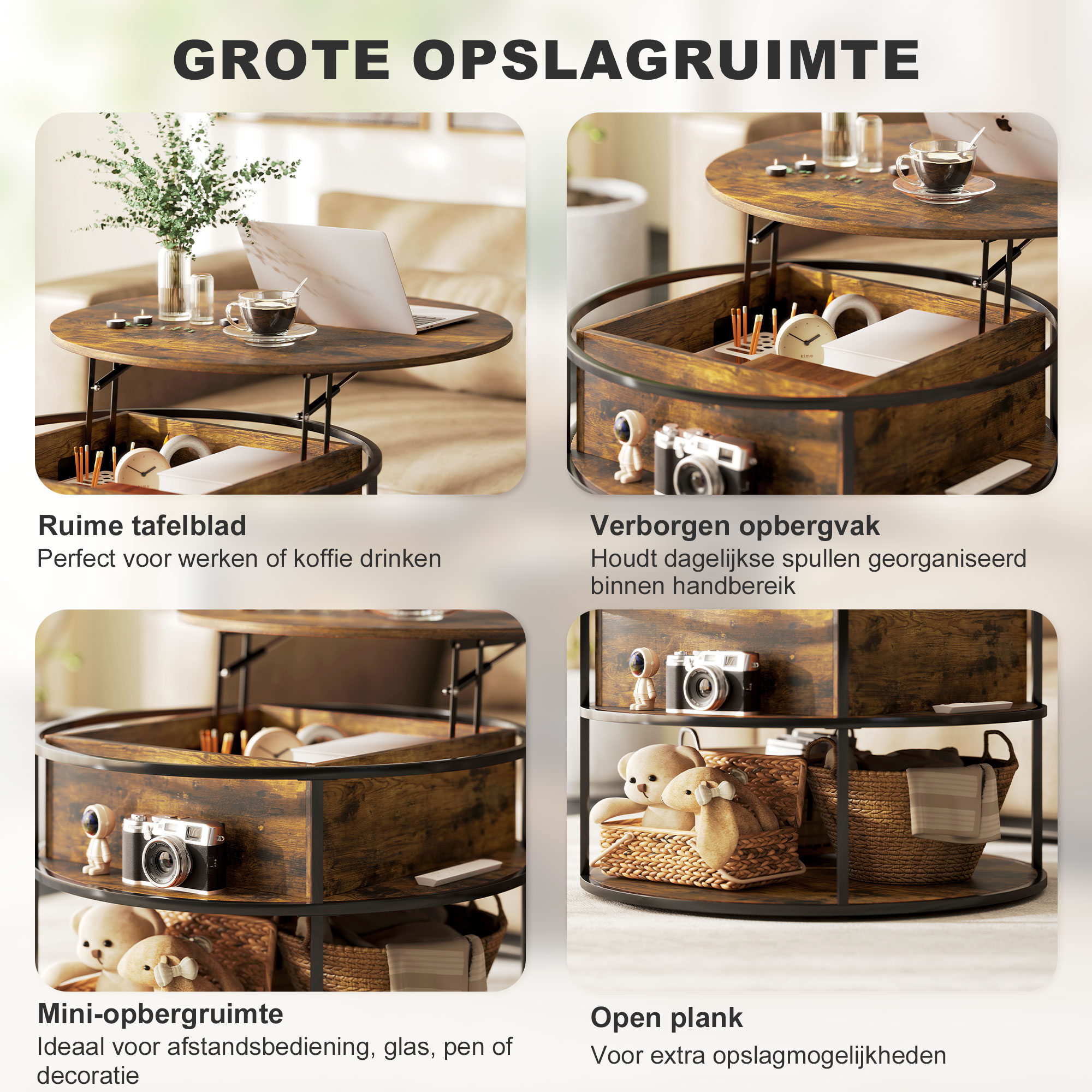HOMCOM Ronde Koffietafel met Ophefbaar Tafelblad, Opbergruimte, Zijvakken, Stalen Frame, Salontafel, Bruin