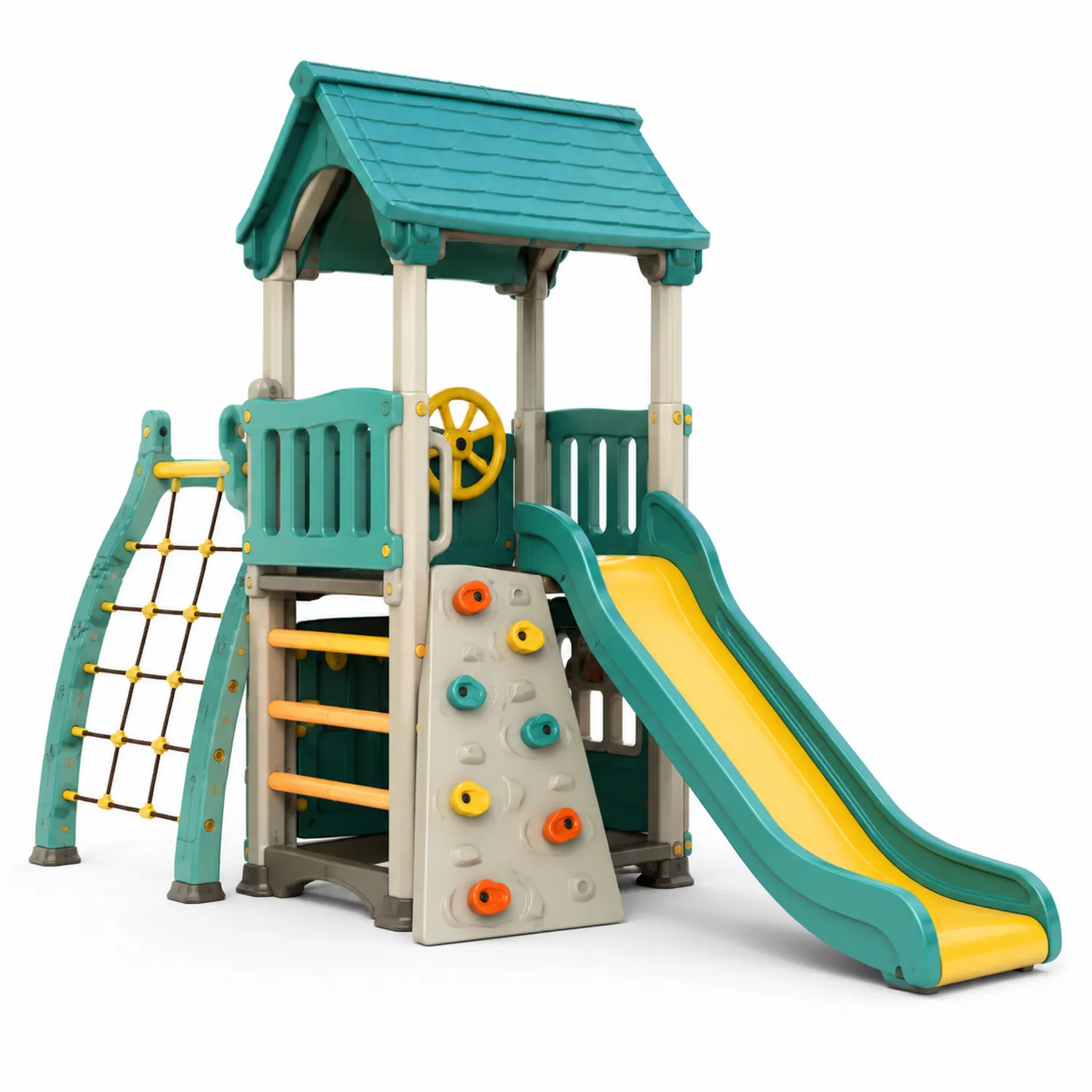 Kinderspielplatz mit Kunststoff-Rutsche und Kletterturm, Türkis/Gelb