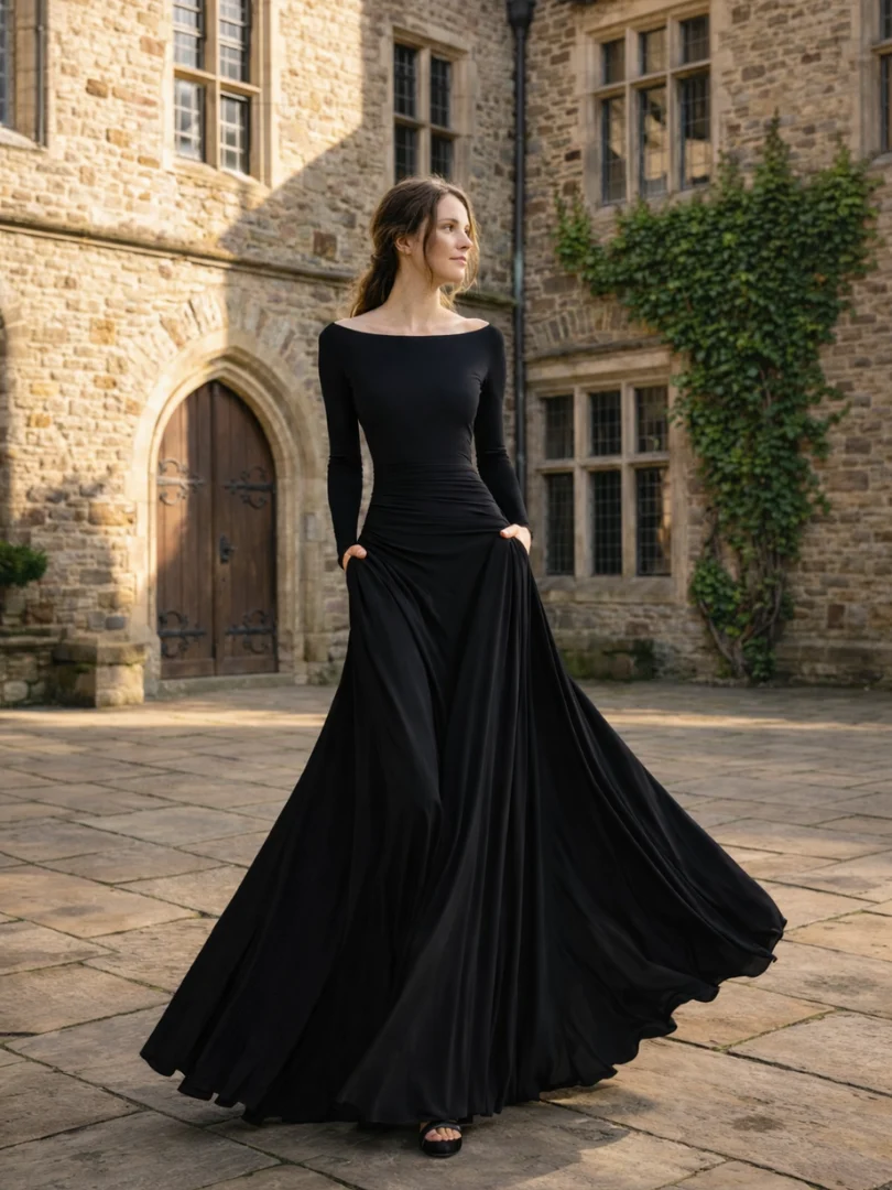 Women��s Elegant Draped Maxi Dress with Long Sleeves