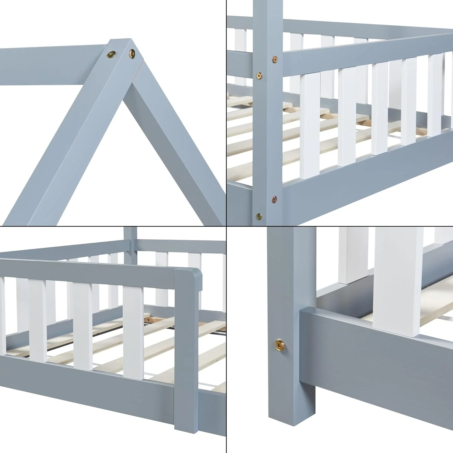 [en.casa] Letto per bambini Sisimiut a capanna 80 x 160 cm con protezione anticaduta letto in legno per bambini letto a terra rete a doghe in legno di pino Bianco opaco