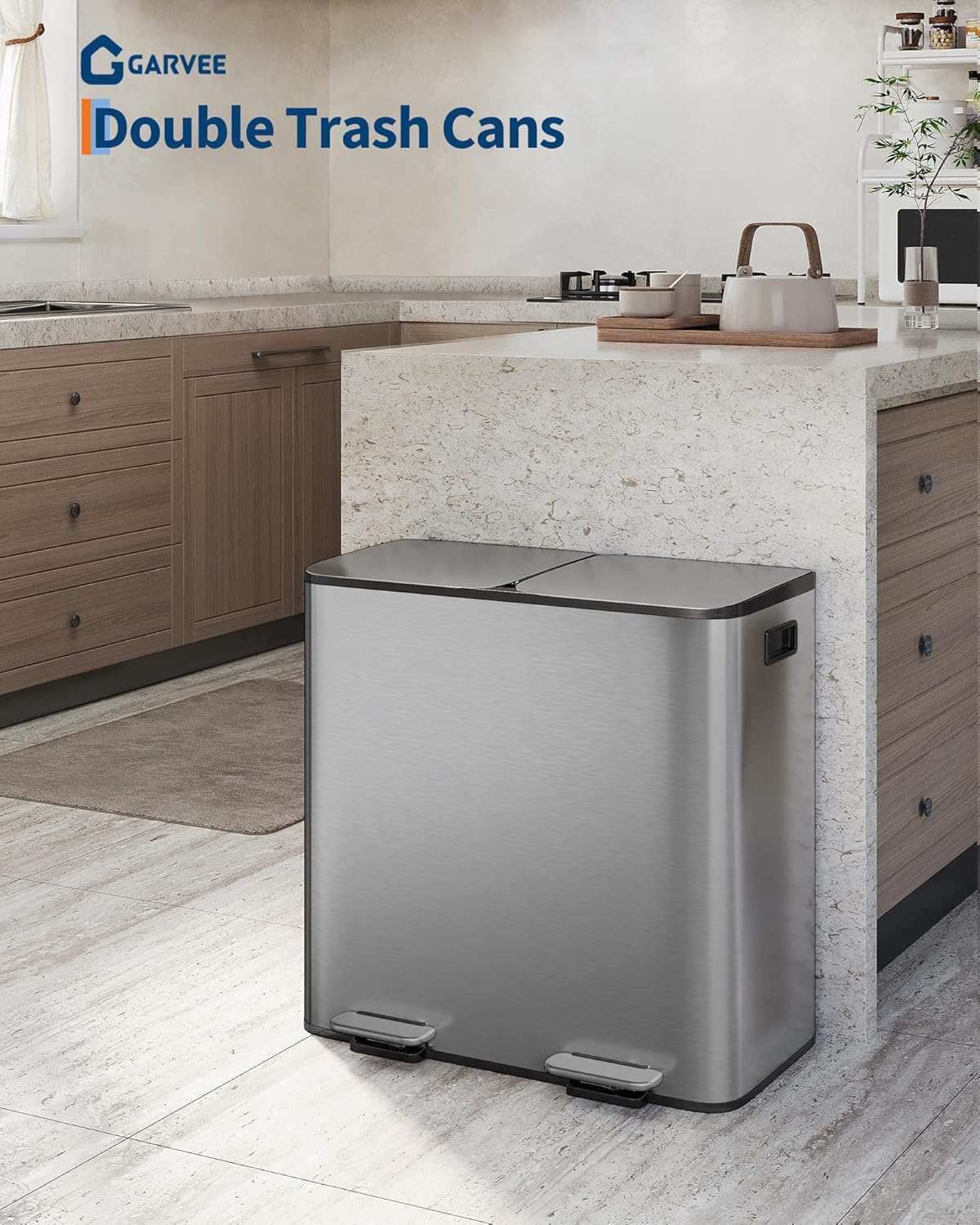 GarveeHome 2 x 10.6 gal Stainless Steel Double Trash Can with Lid for Kitchen, Large Dual Trash and Recycle Bin Combo, Step-on Kitchen Metal Garbage Cans, PP Inner Buckets, Liner Rim, Matte Grey