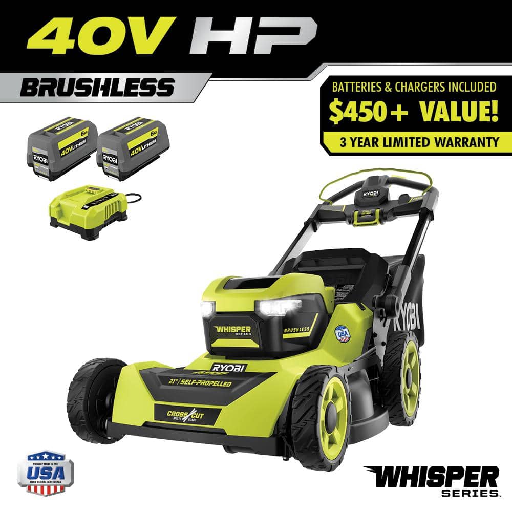 Ryobi 40V HP Szénkefementes 21 hüvelykes Önjáró Összkerékhajtású Fűnyíró – Whisper Sorozat – Tartalmaz (2) 6.0Ah Akkumulátort és Töltőt