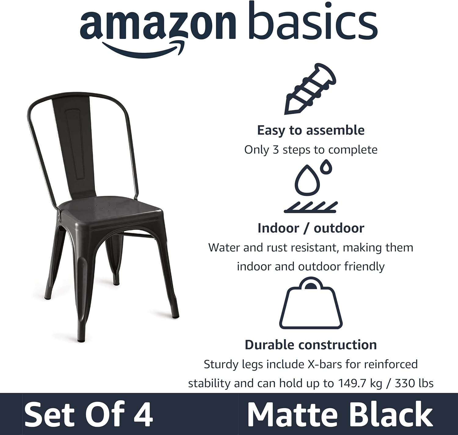 Amazon Basics Metal Dining Chairs, Easy to Assemble, Indoor/Outdoor, Stackable, Matte Black, 4-Pack