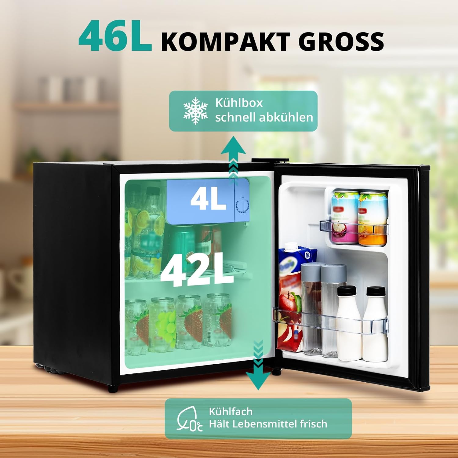 SMETA Mini Kühlschrank 45L, Klein Kühlschrank Leiser, 39dB Getränkekühlschrank 6-Stufen Thermostat 0-10°C, Minibar mit wechselbarem Türanschlag für Zuhause Büro Camping Schlafzimmer, Schwarz