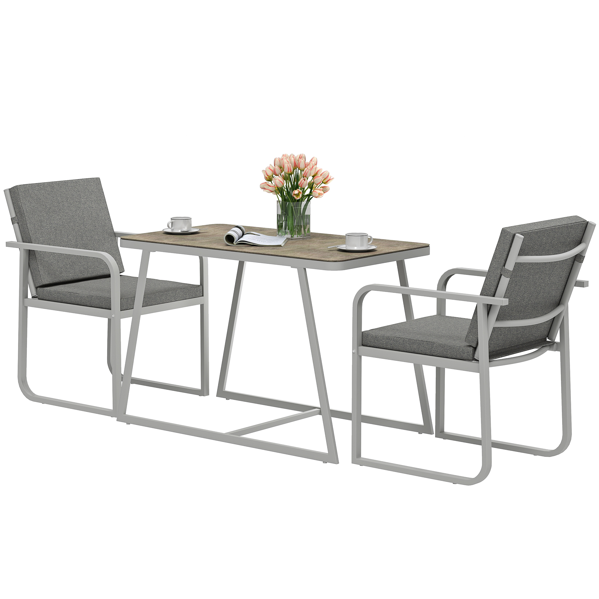 Outsunny 3-delige Eetset voor 2 Personen met Glastafel en Kussens - Lichtgrijs
