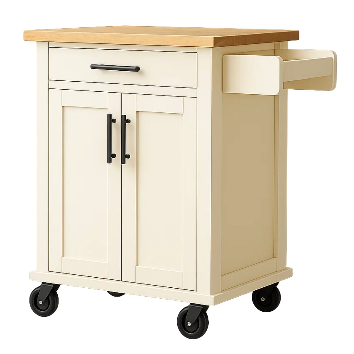 Kkken, kompakt, rektangulr, lavet af MDF, cremefarvet, med trbordplade, skuffe, dre, hjul og hndkldetrrer, ml 67 cm lang, 45 cm bred, 88 cm hj, til almindeligt kkken - yxs0dM3mYkkk