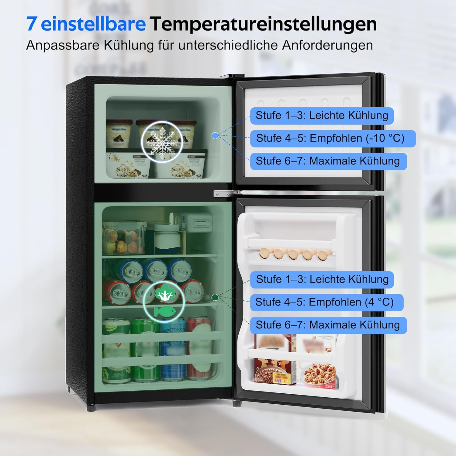 Merax Kühlschrank mit Gefrierfach, 60L Kleiner Kühlschrank, kompakt, Glastür, LED-Innenbeleuchtung, manuelle Temperaturregelung, Glasablagen, 45 dB(A), Mini Fridge für Studentenwohnheim Büro, Schwarz