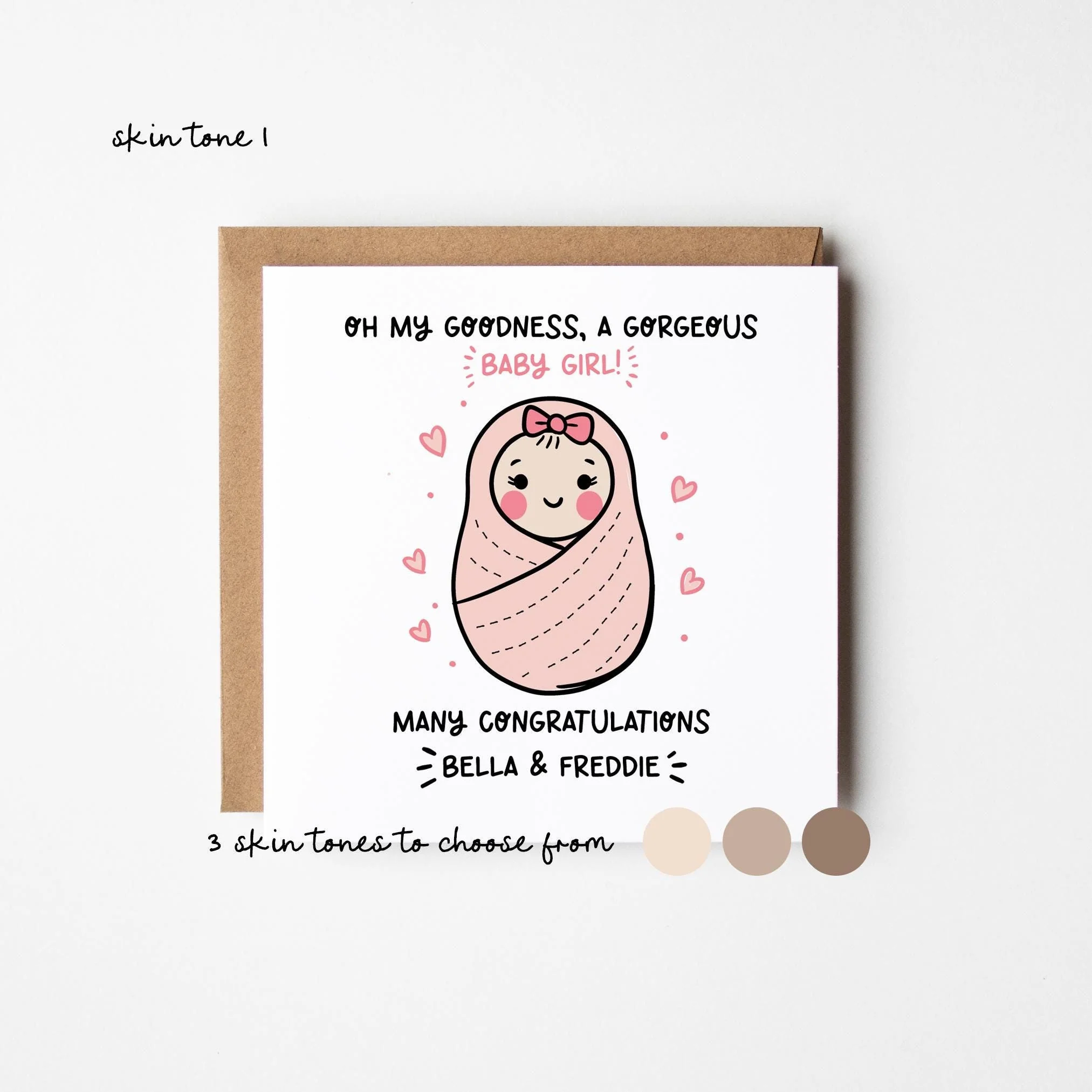 New Baby Girl Card 3 Skin Tones ? Personalised New Baby Card ? Congratulations New Baby Girl Card ? Girl's Birth ? Baby Reveal