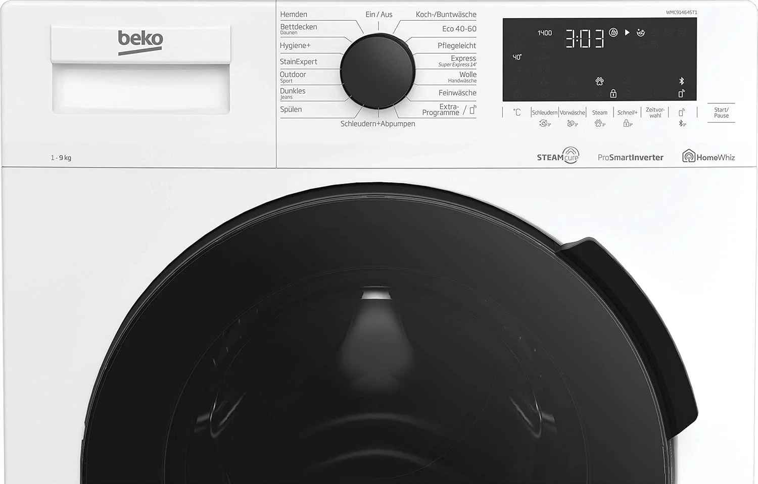 Beko WMC91464ST1 b300 Waschvollautomat, Waschmaschine, 9 kg, Bluetooth, ProSmart Inverter Motor, Dampffunktion, Pet Hair Removal, Watersafe+, Weiß