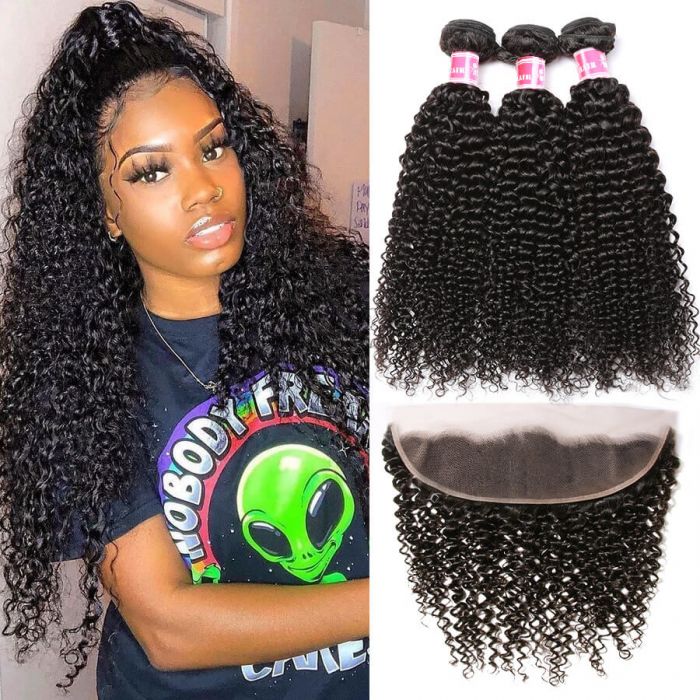 Brazilian Virgin Curly Hair 3 Bundles With 13x4 Lace Frontal 100% Human Hair Weave