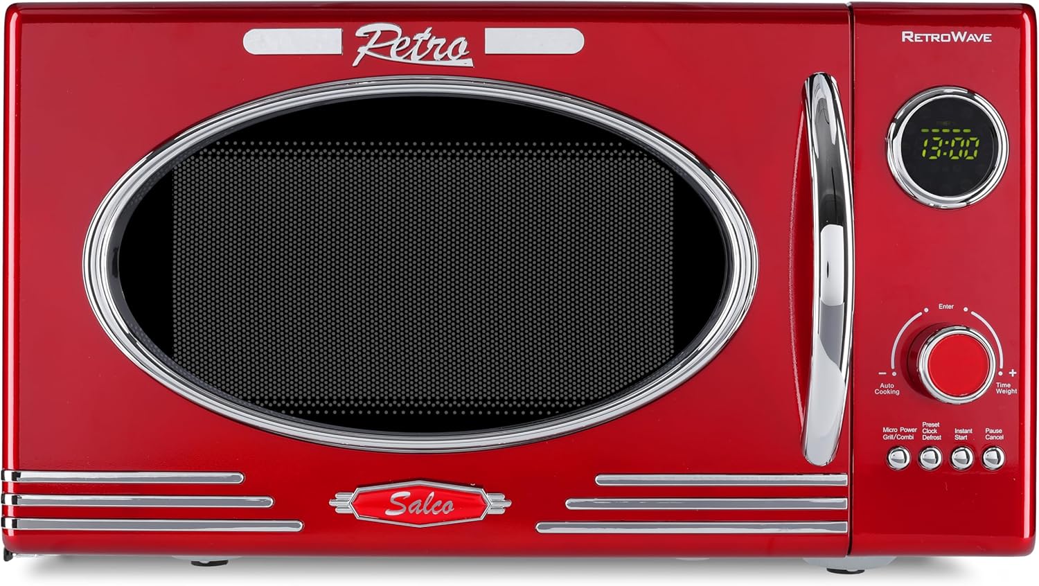 Salco Mikrowelle 2 in 1 – Retro-Style mit Grillfunktion - 23 l Garraum, metallic-rot, 900 W - 12 Funktionen inkl. Auftauen, Grillen & Wärmen, Express-Funktion - inkl. Drehteller & Grillaufsatz