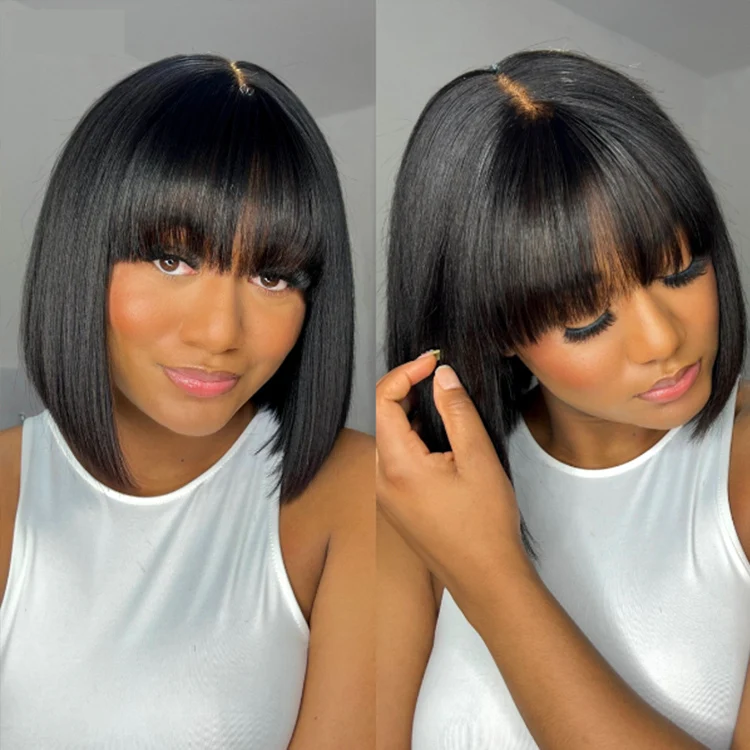 BOGO SALE|Wear & Go Straight Short Bob Wig With Bangs Machinemade Human Hair Glueless Wigs 220% Density