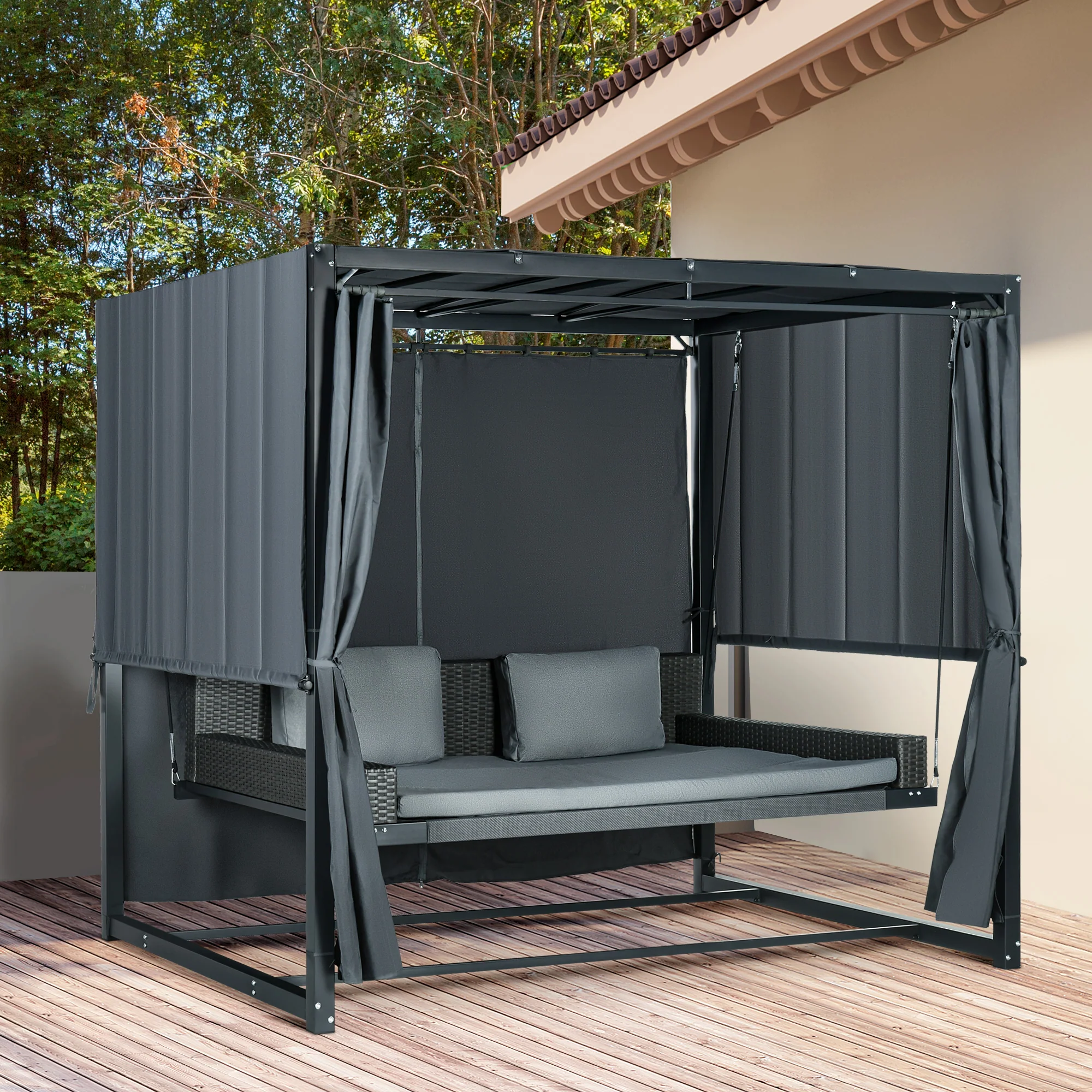 Outsunny Hollywoodschaukel Outdoor 3-in-1 mit Baldachin & Sichtschutz