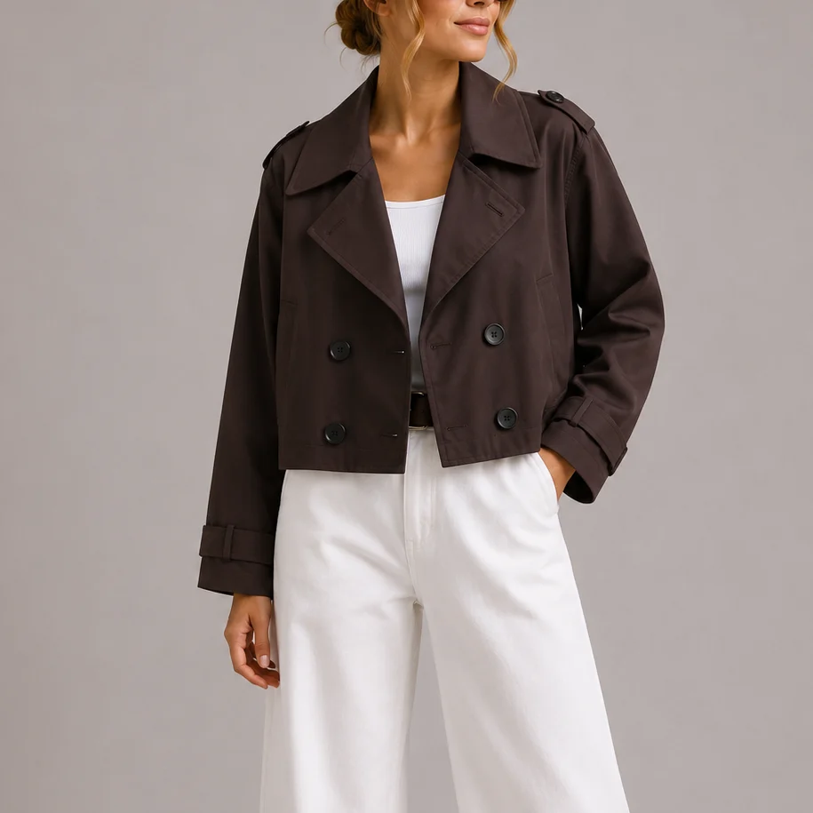 Women��s Cropped Trench Coat Jacket Classic Silhouette