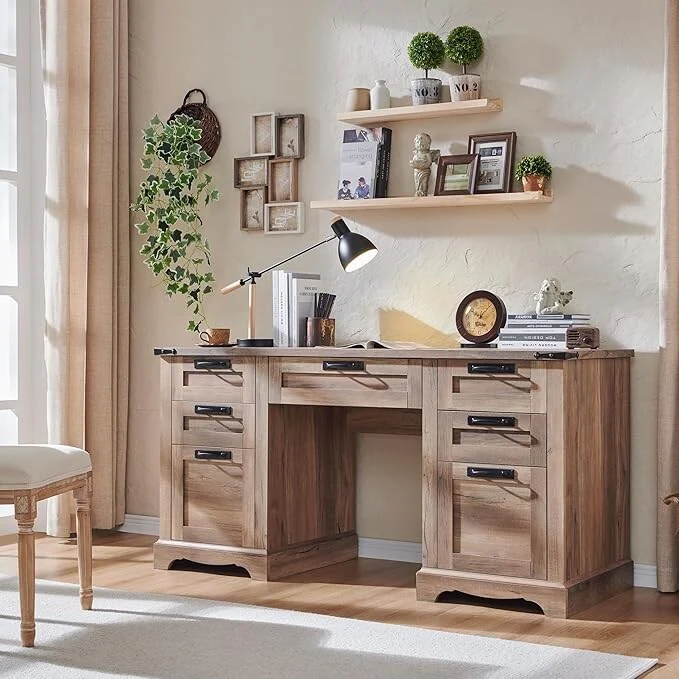60 Farmhouse Executive Desk, Wood Home Office Desk, Computer Desk