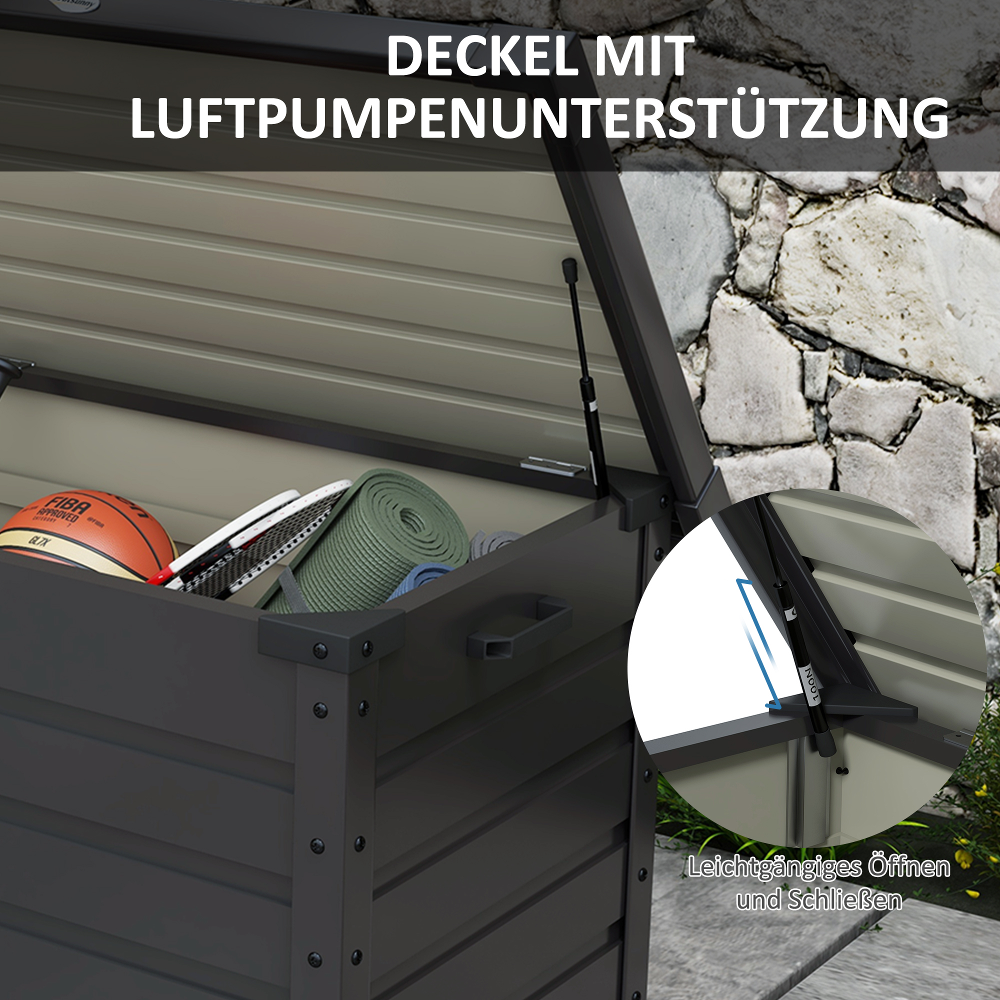 Outsunny Buiten Opbergbox Tuinkist Kussenbox, weerbestendig, 4 Wielen, 100 cm x 62 cm x 65 cm, Donkergrijs