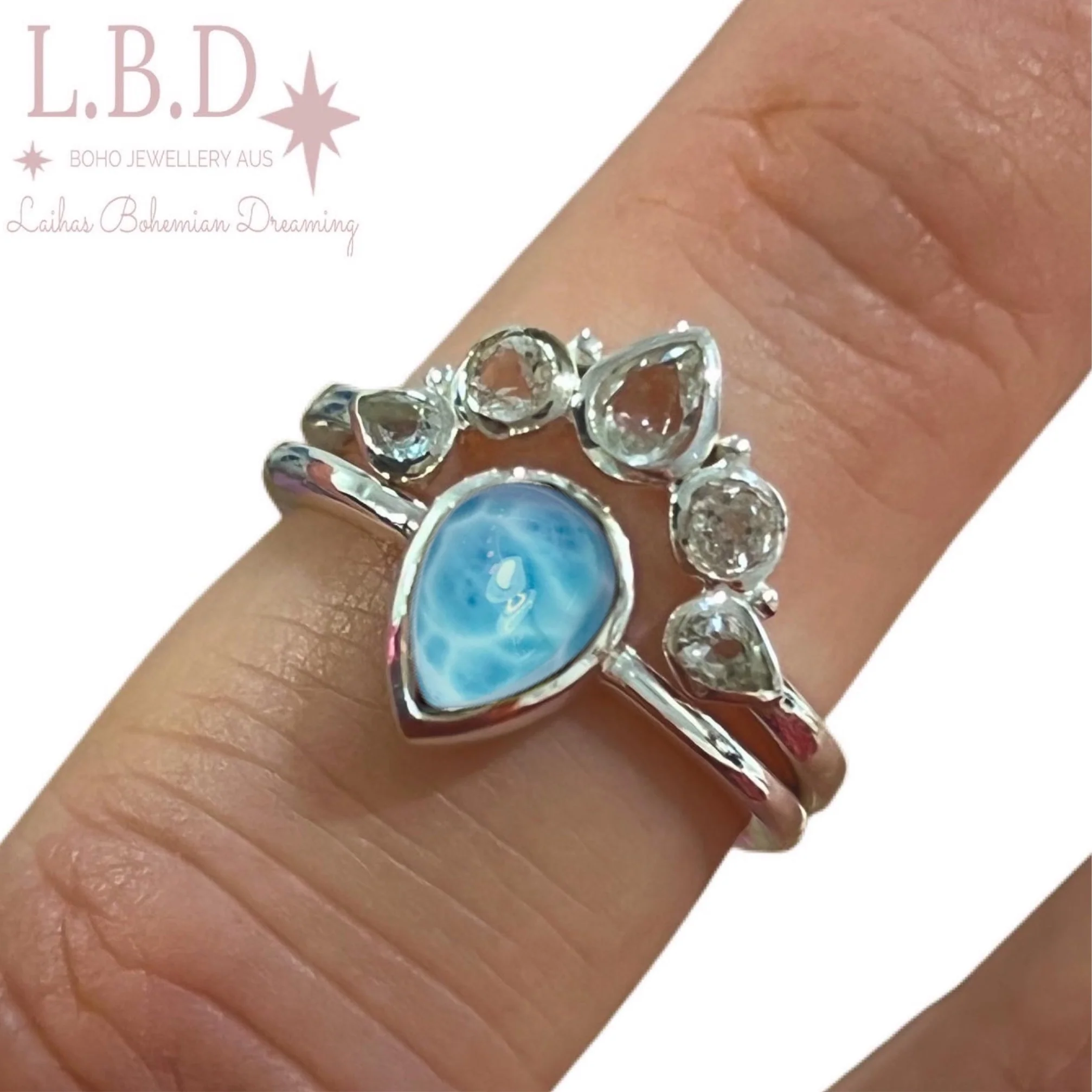 Laihas Queen Of Cups Topaz and Larimar Ring Set