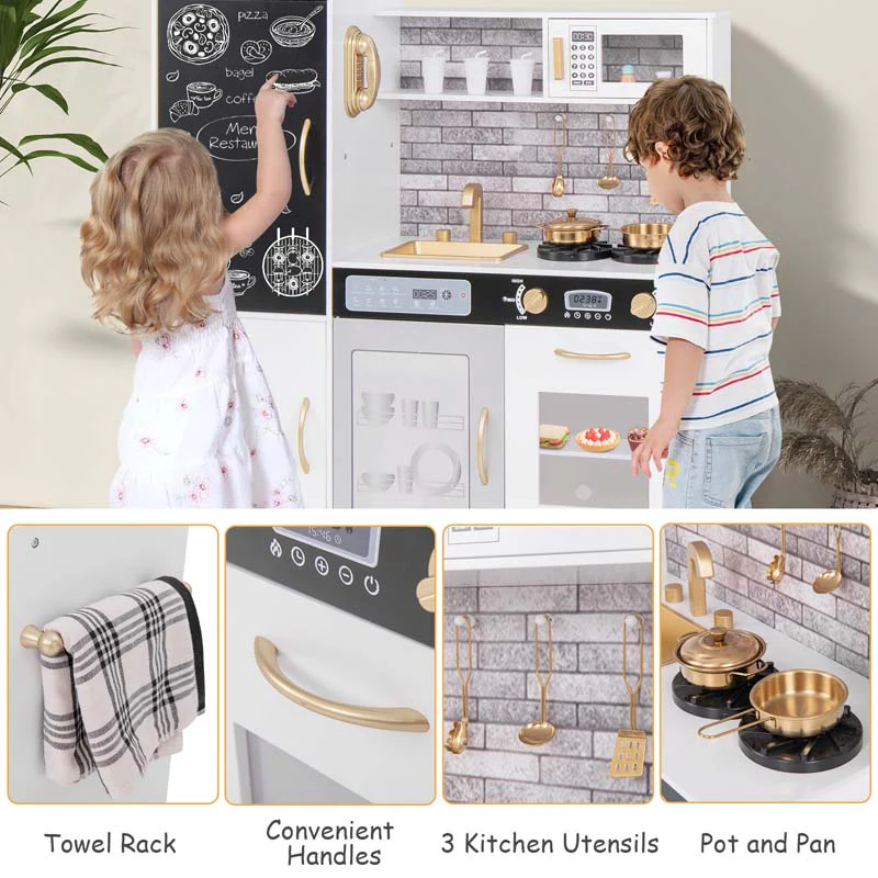 Large Wooden Kids Kitchen Playset, Little Chef Pretend Toy Kitchen Set w/Chalkboard, Microwave, Real Sounds & Lights for Toddlers Age 3+