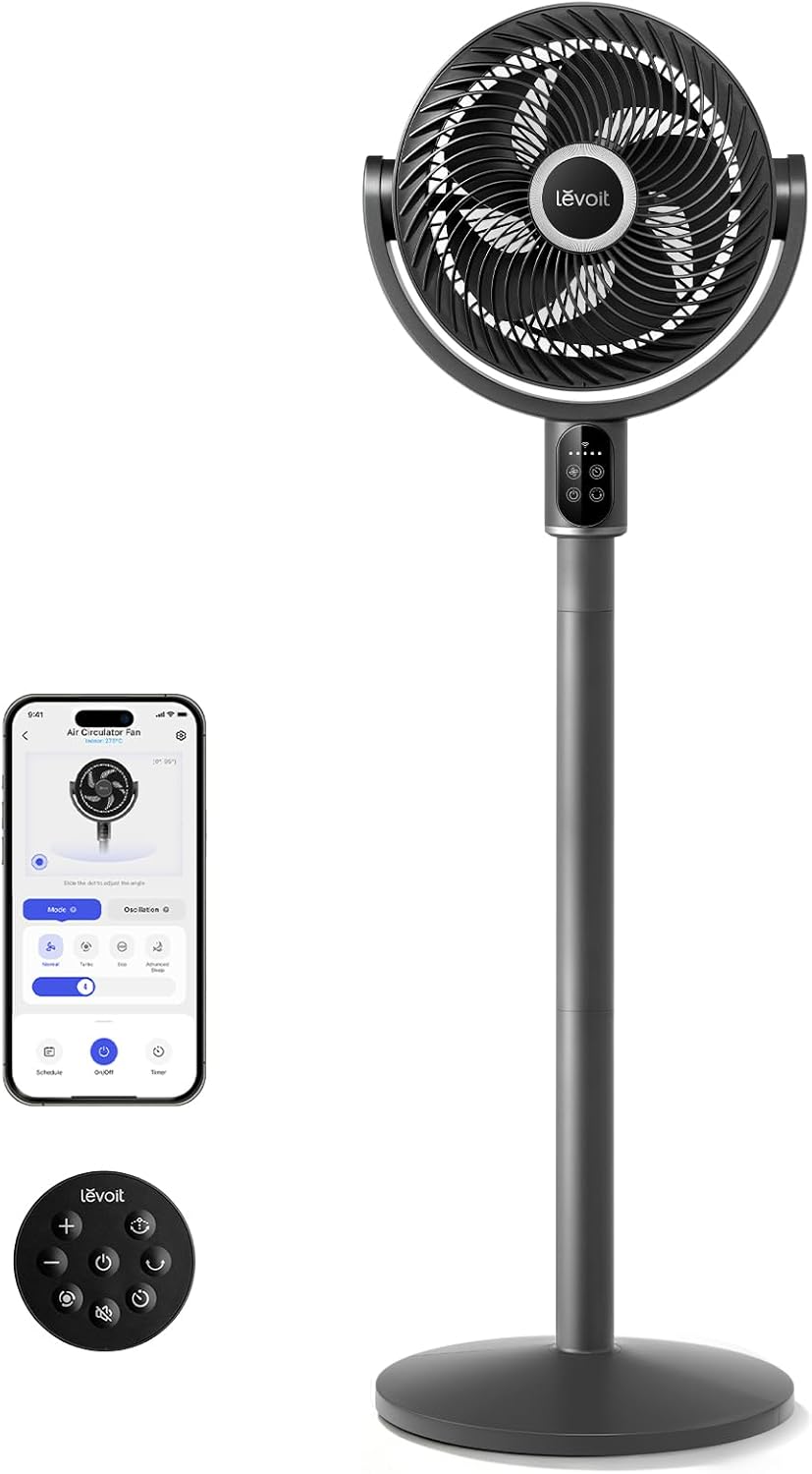 Levoit 20dB Quiet Pedestal Fans for Bedroom, 1451CFM Powerful Air Circulator Fan with Remote, 90°+120° Oscillating, 12 Speeds, 4 Modes, 12H Timer, Adjustable Height, Standing Fan for Home Office