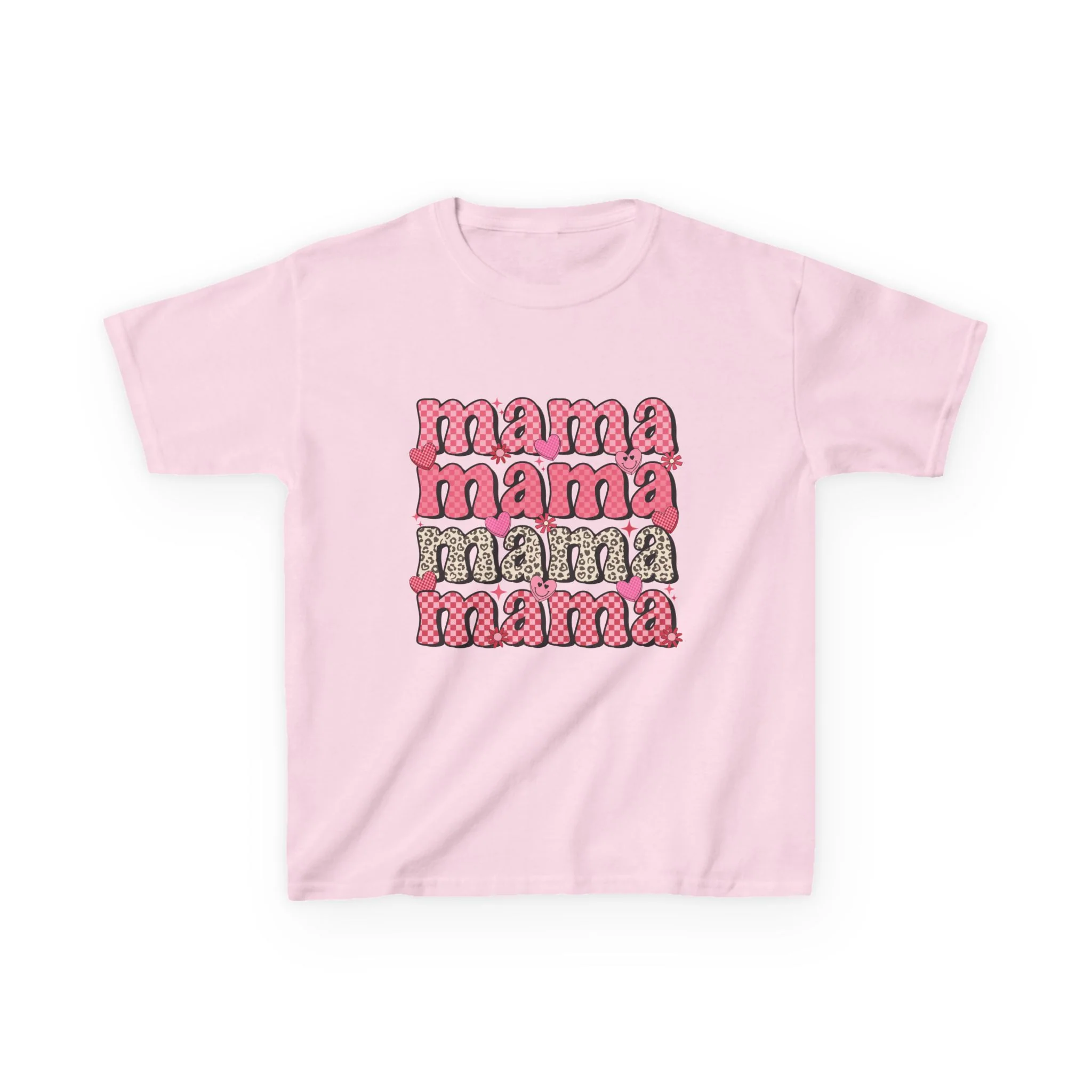 mama stacked text Kids Tee | Retro Pink Pattern