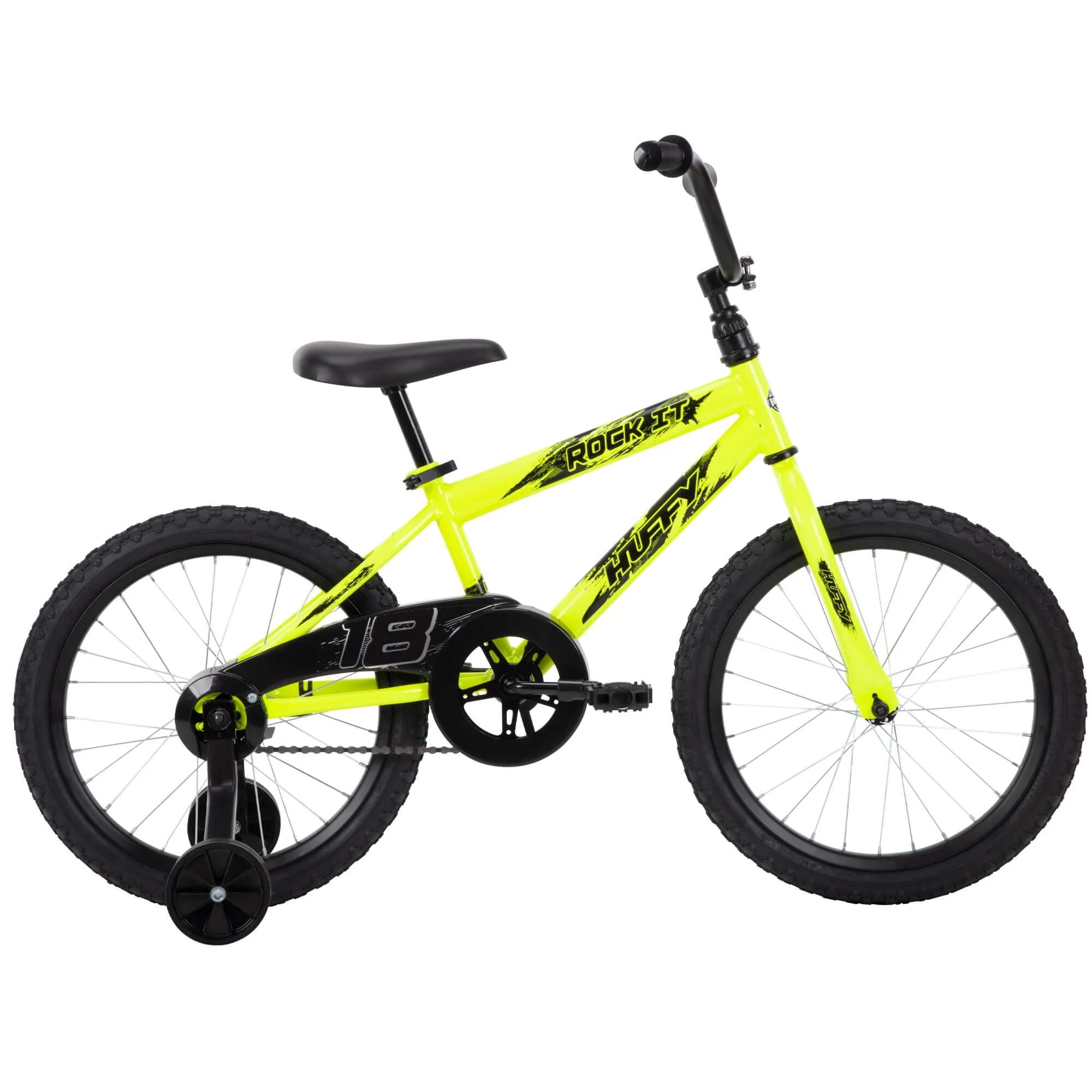 Huffy Rock It 18″ gyerek kerékpár, neonsárga, egysebességes, oldalkerék, 5 éves kortól, acélváz