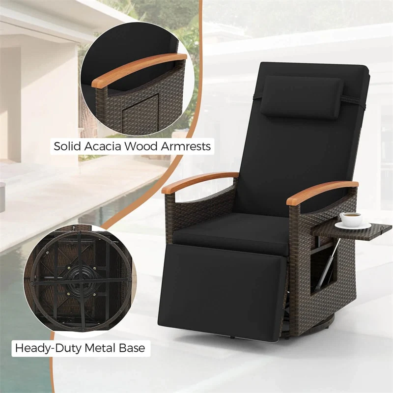 Outdoor Rattan 360° Swivel Recliner Chair, Patio Wicker Chaise Lounge Chair with Adjustable Backrest & Footrest, Flip Side Table & Cushions